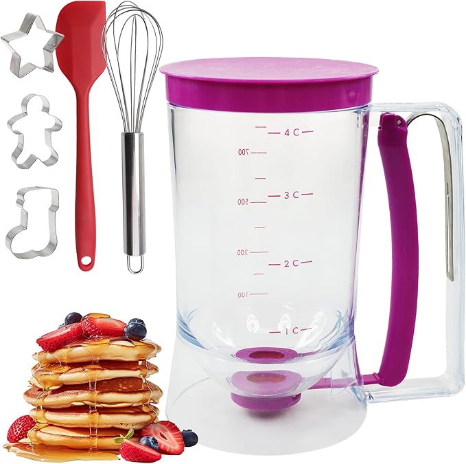 Pancake Batter Dispenser Set – 900ml No-Drip Pancake Dispenser with Squeeze Handle, Fun Family Breakfast Baking Kit for Kids with Spatula, Whisk & 3 Cookie Cutters for Pancakes, Waffles & Cupcakes