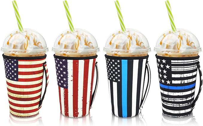 4Pack Reusable Iced Coffee Sleeve Insulator Sleeves for Cold Drinks Beverages, Neoprene Cup Sleeve With Handle for Most Coffee, Fits 30-32oz Large Cups (American Flag with Handle)