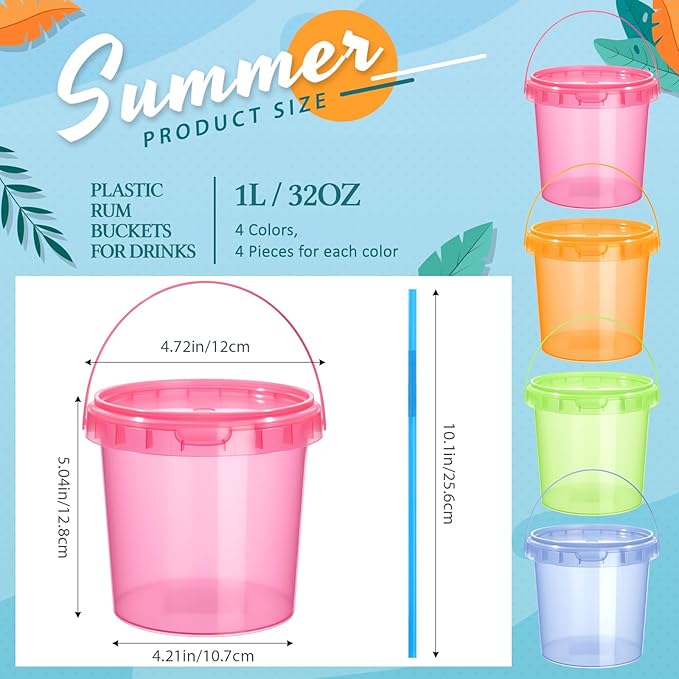 Funnymoom 16 Pack 32 oz Plastic Rum Buckets for Drinks with Straws Ice Cream Cocktail Bucket with Lids and Handles Reusable Food Containers Cup for Parties Summer Beach Bar Beer (Muticolor)
