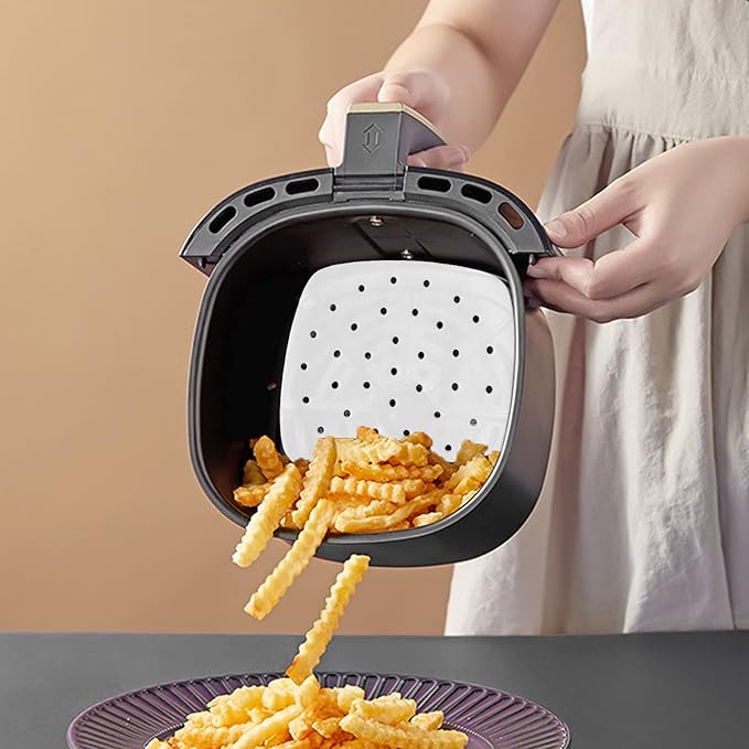 Numola 100 Pcs Air Fryer Liners Disposable Parchment Paper, 9 Inch Perforated Airfryer Sheets for Baking, Square Non-Stick Steamer Liner for Oven, Microwave, Steaming Basket