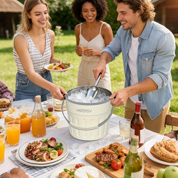 WATERSY Insulated Ice Bucket（8 Quart / 7.6 L） with Lid, Scoop, Ice Tong，Wall Vacuum Stainless Steel, Beige