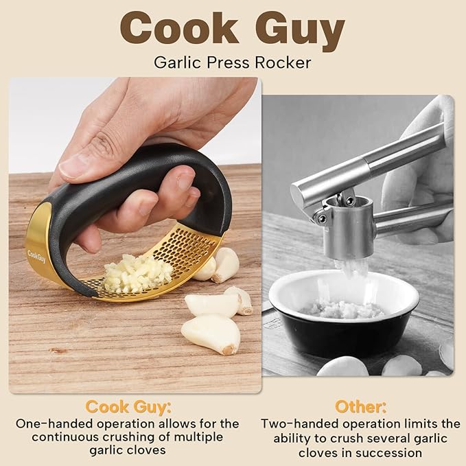 Cook Guy 304 Stainless Steel Garlic Press Rocker Set - Premium Garlic Mincer, Crusher, Peeler, and Scraper Tool for Effortless Mincing - Comfortable Grip Garlic Grinder (Gold)
