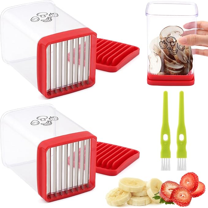 2Pcs Stainless Steel Cup Fruit Slicer – Egg, Strawberry & Banana Cutter with Detachable Push Plate Brushes | Vegetable Salad Prep Tool for Kitchen, Fast Effortless Slicing