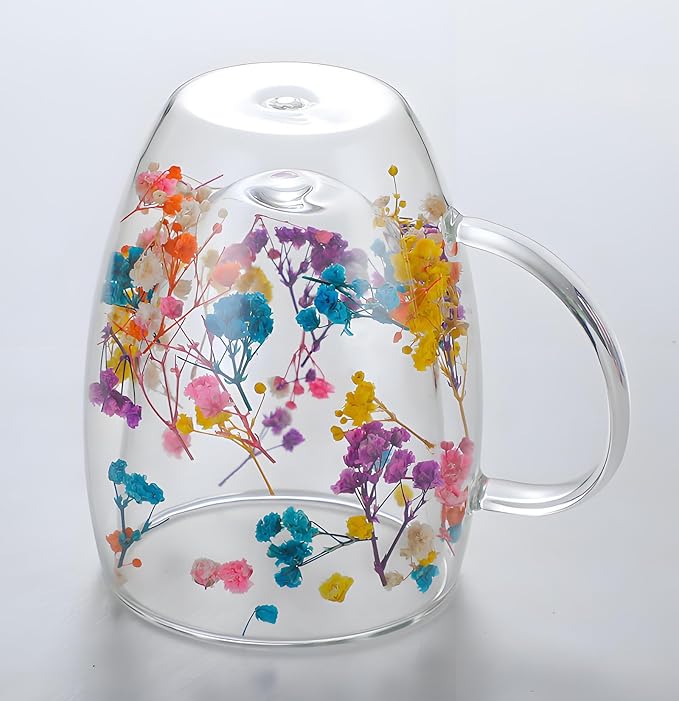 Double Walled Clear Glass Espresso Cups with Handle Cute Floral Latte Coffee Mugs for Women Unique Tea Mug Cappuccino Cups
