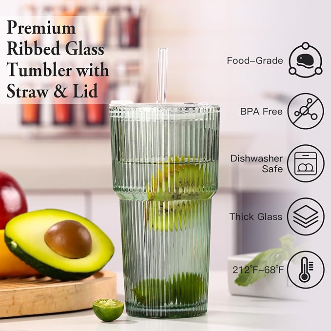 4PCS Green Ribbed Glass Cups with Lids and Straws, 20oz Vintage Drinking Glasses, Aesthetic Iced Coffee Cups, Glass Tumbler for Boba, Beer, Tea, Cocktails, Green Ribbed Glassware Set