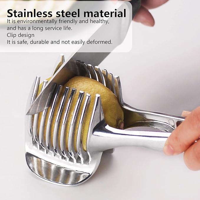 Lemon Slicer, Handheld Tomato Slicer Lemon Cutter Round Fruit Tongs Stainless Steel Onion Slicers Holder for Fruits Vegetables