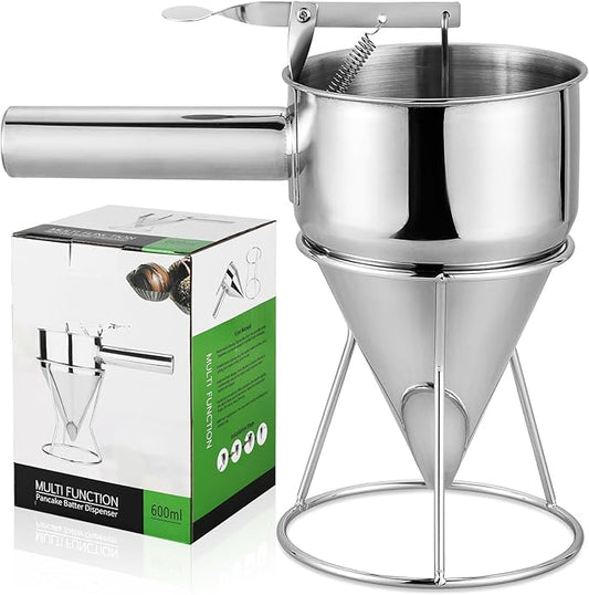 600ML/20OZ Stainless Steel Pancake Batter Dispenser, Piston Funnel Dispenser with Stand Detachable Handle for Takoyaki Baking Cake Desserts