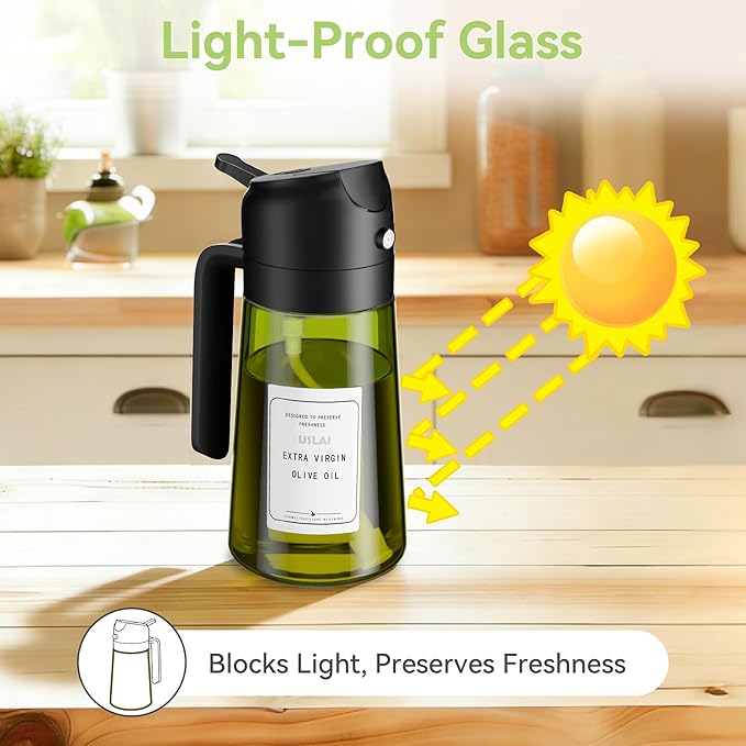 USLAI Oil Sprayer for Cooking, 16oz/470ml 2 in 1 Glass Olive Oil Dispenser Bottle for Kitchen, Air Fryer, BBQ and Salad - Black Black