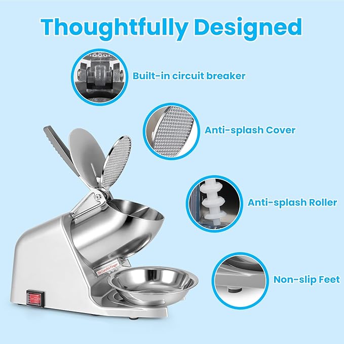 Four Blades 226lbs/hr Electric Ice Crusher, 300W Ice Shaver, 2200 RPM Shaved Ice Machine with Extra Blade and Ice Pick for Home and Commercial Use, ETL-Listed, Silver