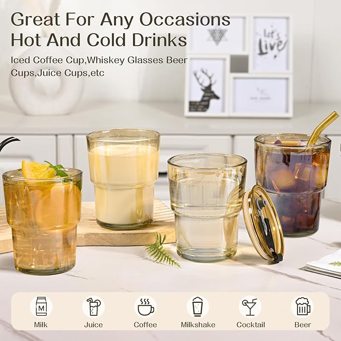 13oz Reusable Iced Coffee Tumbler with Lids,Clear Tumbler Water Glass,2 Pack Glass Cups with Straw and Lid,Glass to go Coffee Cup for Drinking Matcha, Water, and Juice(Amber