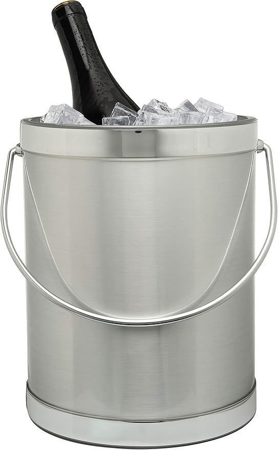Made In USA Metallic Deco Collection Double Walled Insulated Ice Bucket With Ice Tongs (5-Quart, Silver)