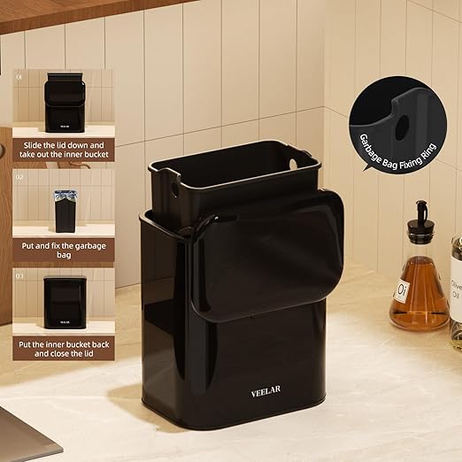 Hanging Stainless Steel Trash Can, 1.6 Gallon /6L Small Compost Bin for Kitchen Cabinet, Bathroom and Office (Green)