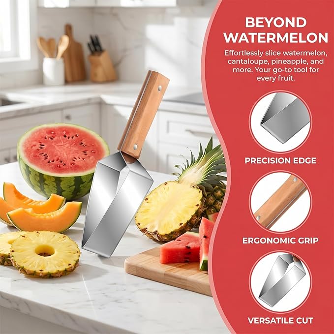 Premium Watermelon Cutter, Stainless Steel Watermelon Cutter Slicer Tool with Wooden Handle, Comfortable Non-slip Handle Multi-Functional Fruit Tool for Watermelon, Cantaloupe & Honeydew (2pcs)