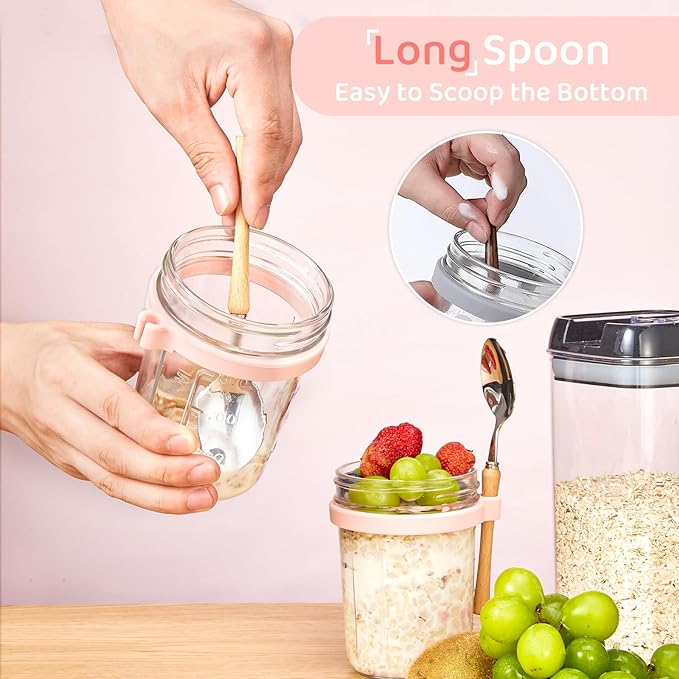 HomArtist Glass Overnight Oats Containers with Lids and Spoon, 16oz Wide Mouth Mason Jars for Overnight Oats, Cereal, Yogurt, Salad Lunch Container with Measurement Marks - MultiColor 4 Pack