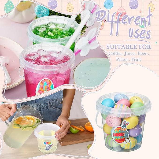 Funnymoom 30 Set Easter Clear Plastic Cups with Lids & Straws, 24oz Disposable Rum Buckets Cocktail Pails Bulk with Handles & Stickers Creative Egg Hunt Baskets Party Favors for Adults