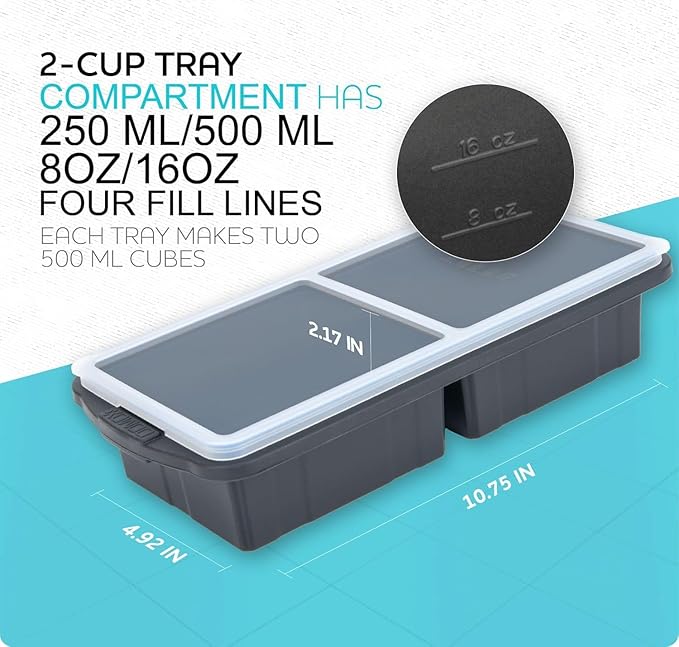Silicone Freezer Tray With Lid-Soup Freezer Container molds-Large Ice Cube Tray Set Makes 1-Cup & 1/2-Cup portions cubes Perfect for preparing meals in different portion sizes Oven & Dishwasher -Safe