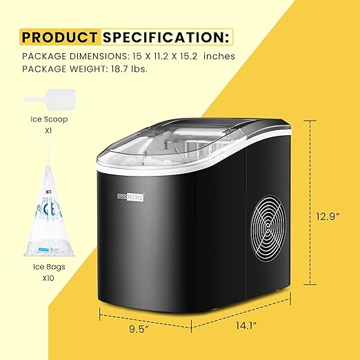 VIVOHOME Electric Portable Compact Countertop Automatic Ice Cube Maker Machine with Hand Scoop 10 Ice Bags and Self Cleaning Function 27lbs/Day Black