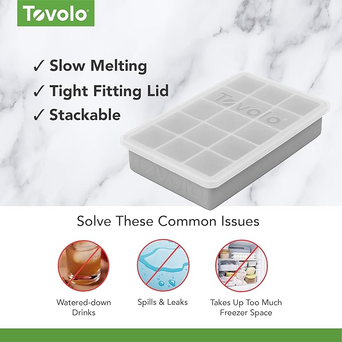 Tovolo Silicone Ice Cube Tray with Lid for Freezer Oyster Gray, Dishwasher Safe BPA Free Silicone Ice Cube Mold Tray with Cover, Easy Release 1 Inch Ice Cube for Coffee Cocktails Bourbon Whiskey