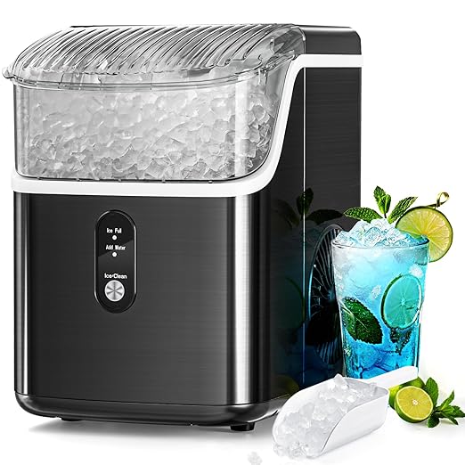 Antarctic Star Nugget Ice Makers Countertop, Portable Ice Machine with Ice Scoop & Basket, 34Lbs/24H, Self-Cleaning, One Click Operation for Office/Home/Bar (Stainless Steel Black)