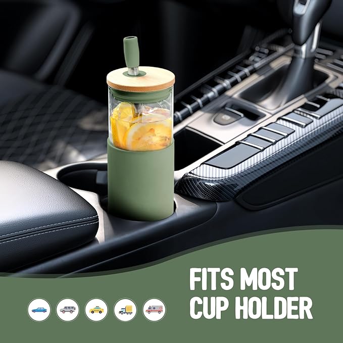 Kodrine 24oz Glass Tumbler with Lids and Straws|Bamboo & On the go Lid|Reusable Ice Coffee Cup with Silicone Sleeve, Glass Coffee Tumbler for Smoothie/Matcha, Dishwasher & BPA Free-Olive