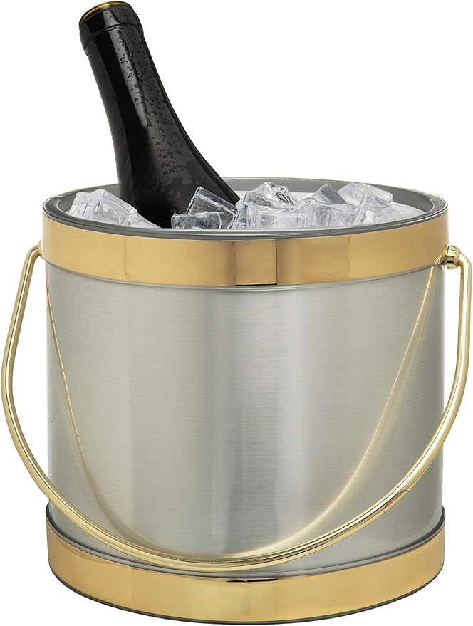 Made In USA Metallic Deco Collection Double Walled Insulated Ice Bucket With Ice Tongs (3-Quart, Silver & Gold)
