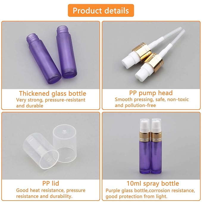 Ellbest 10ml Small Spray Bottles Empty Mist Spray Glass Bottle Mini Perfume Vilas Atomizer Travel Glass Containers for Cosmetics Sample, Cleaning (10 Matte Purple Bottles &5 Droppers &10 Funnels)