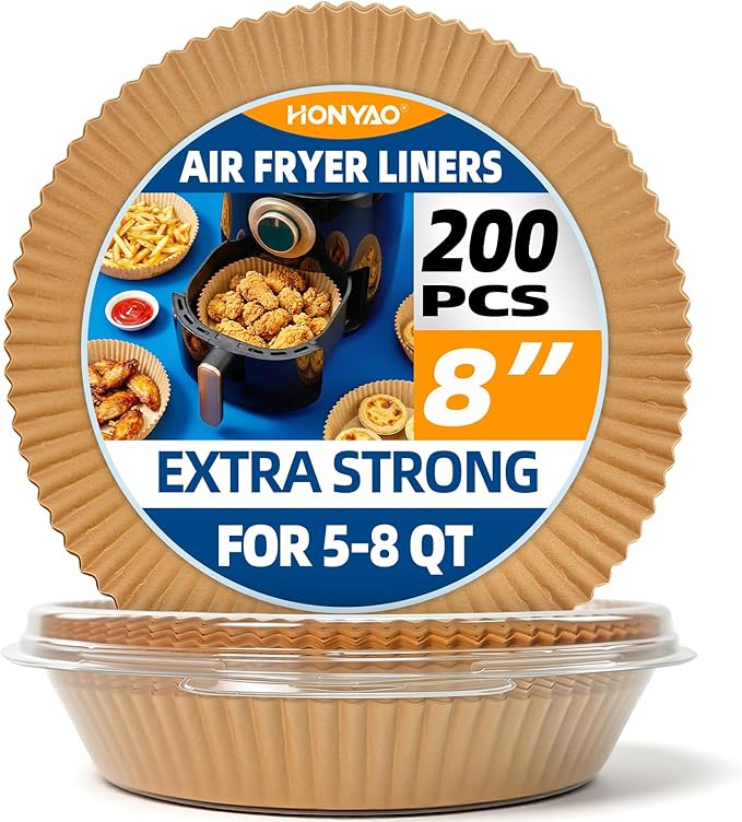 Ninja 4qt/5.5qt Round Air Fryer Liners Disposable, HONYAO 200pcs 8 inch Strong Paper Liner for most 5qt - 8qt Circle Airfryer Basket, BPA Free Food Grade Accessories for Oven Microwave (9'' on Top)