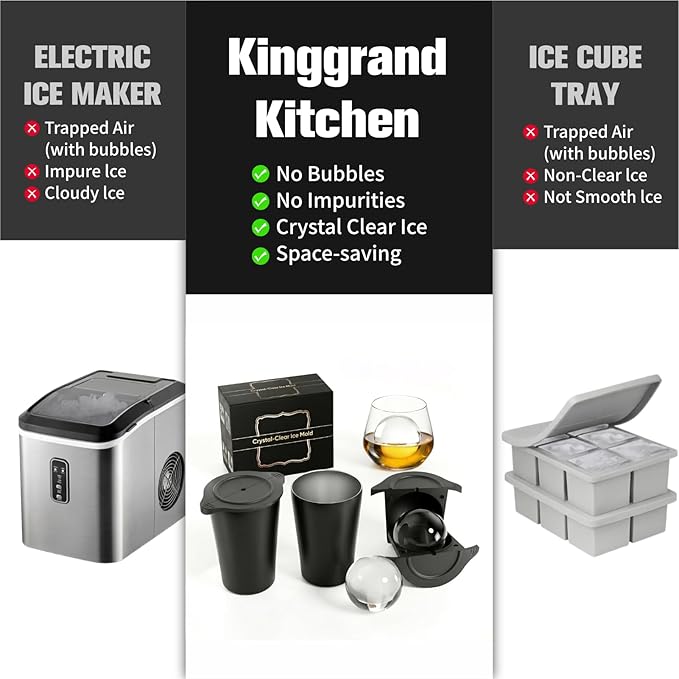 Clear Ice Cube Maker 2.5 Inch, Sphere Ice Ball Molds for Whiskey, Stainless Steel Clear Ice Mold with Non-BPA Silicone, Easy-Release Round Ice Cube Tray for Cocktails Bourbon (2 Pack, Black)
