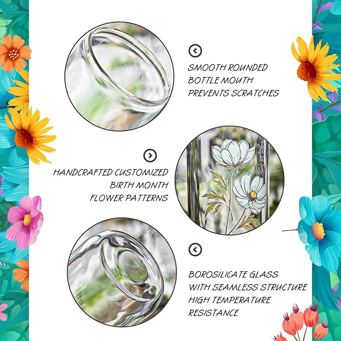SUROQUE Birth Month Flower Iced Coffee Glass Cup 16oz Custom Tumbler Birthday Gifts Personalized Gifts for Women, Teachers, Bridesmaids, Birthdays, Mom, Valentines