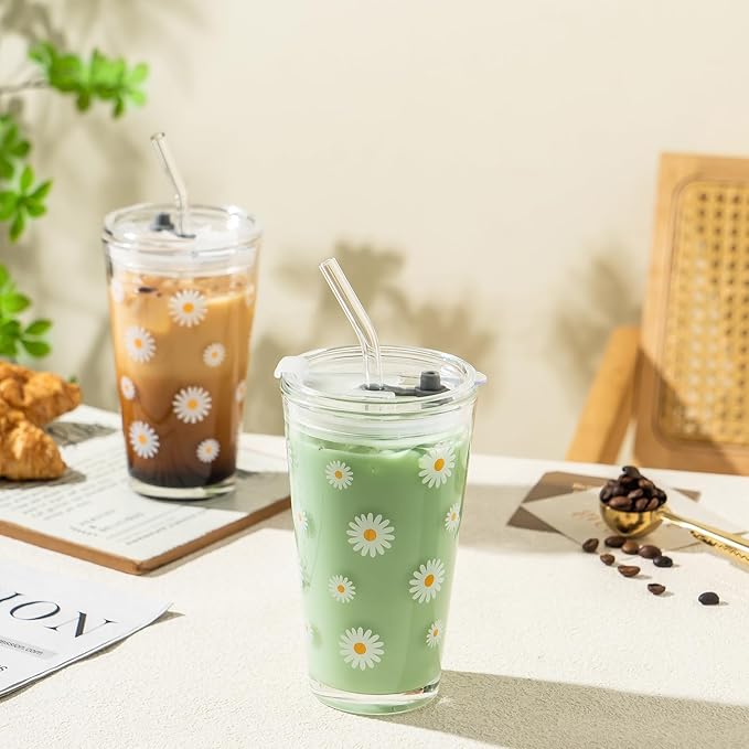 Olvini 15oz Glass Tumbler with Glass Straw and Lid, Cute Iced Coffee Cups, Aesthetic Glass Cups, Coffee Tumbler, Water Cup, Matcha Cup, Drinking Glasses (Daisy)