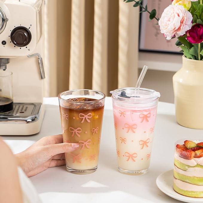 Olvini Coquette Cute Pink Bow Glass Cups with Lids and Straws, Aesthetic Iced Coffee Cups, Preppy Glass Cups, Coffee Tumbler, Matcha Cup, Teen Girl Gifts Trendy Stuff (Bow)