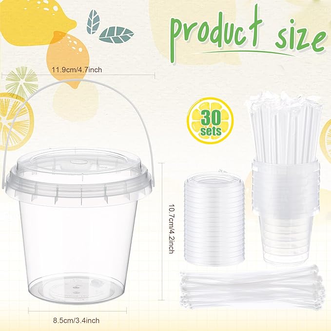 Funnymoom 50 Set Lemonade Buckets with Lids and Straws 24oz Clear Plastic Drink Cups Disposable Rum Cocktail Drinking Pails with Handles Bulk for Summer Lemon Themed Wedding Birthday Party Supplies