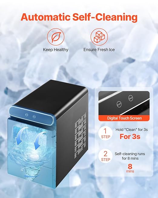 VEVOR Nugget Ice Maker, 37lbs/24H, with Self Cleaning, with Ice Scoop and Basket, Stainless Steel Ice Machine with Convenient Ice Transfer for Home Kitchen Office