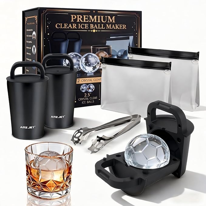 Clear Ice Cube Maker Premium Gift Set – Stainless Steel Whiskey Ice Ball Mold, 2.5” Soccer Ice Sphere with BPA-Free Silicone, Slow Melting Easy Release Ice for Bourbon & Cocktails,Gifts for Men Dad