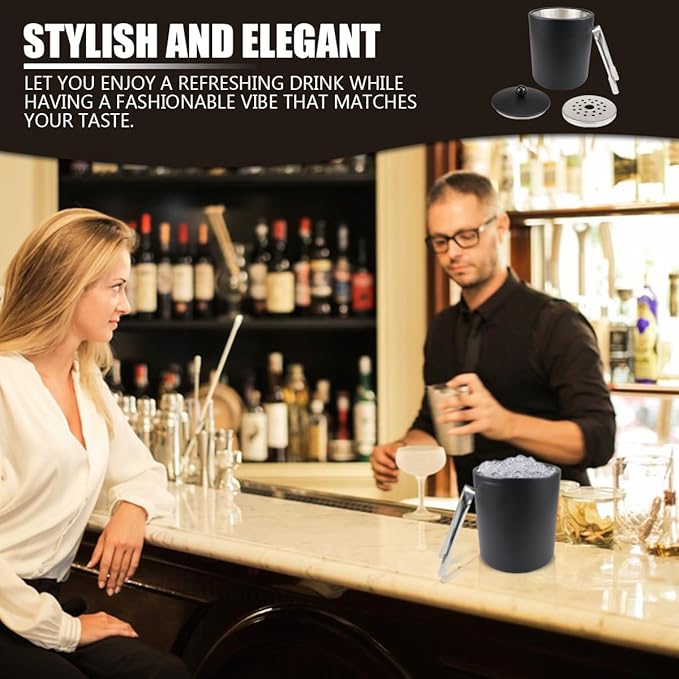 Insulated Ice Bucket with Lid Strainer Ice Tong – 1.3L Matte Black Stainless Steel Double Wall Ice Bucket for Parties