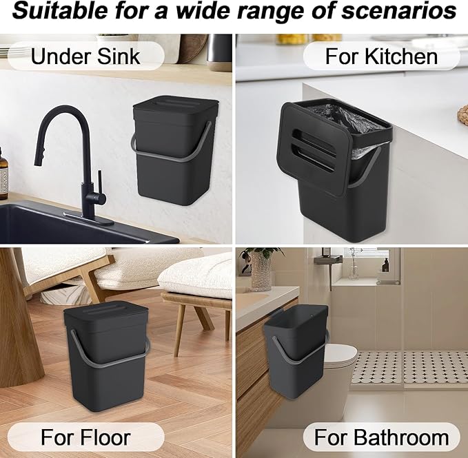 Compost Bin Kitchen, Includes 100 Trash Bags, Hanging Trash Can with Lid, Features Pet-Proof, Odor-Proof, and Quiet Opening/Closing. Suitable for Bathrooms/Bedrooms/Offices (Black, 0.8Gal/3L)