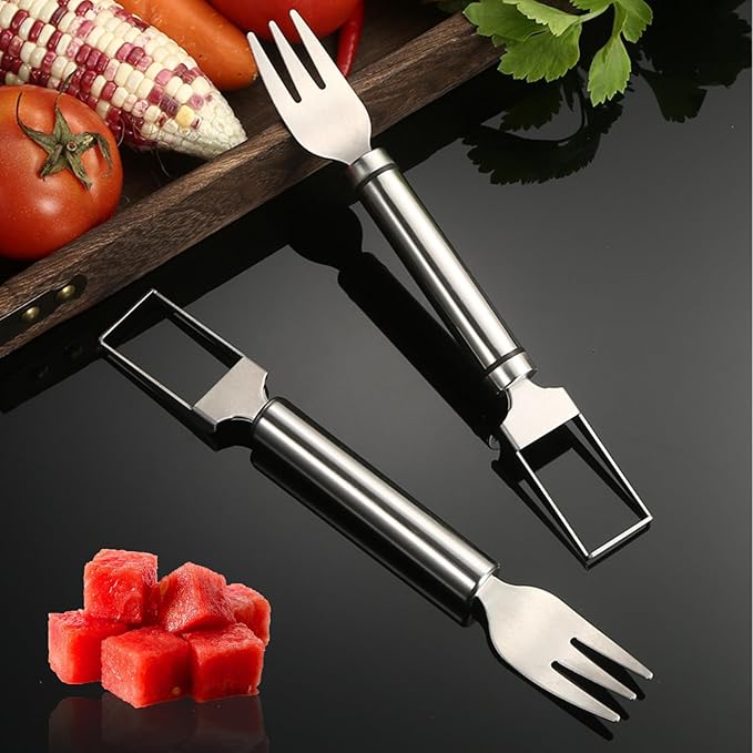 2pcs Stainless Steel Fruit Cutter, Watermelon Fork Slicer Cutter, 2 in 1 Cutting Tool for Kitchen Camping Party, Sanding Texture. Comfortable Grip, Smooth and Polished (2 Combine)