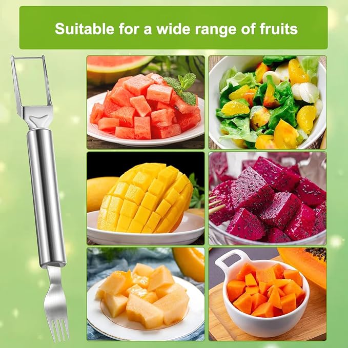 Watermelon Cutter Slicer Fruit Tool - 2-in-1 Stainless Steel Watermelon Cube Cutter, Melon Fork Slicer, Dual Head Watermelon Cuber Cutting Tool Knife (2 PCS)