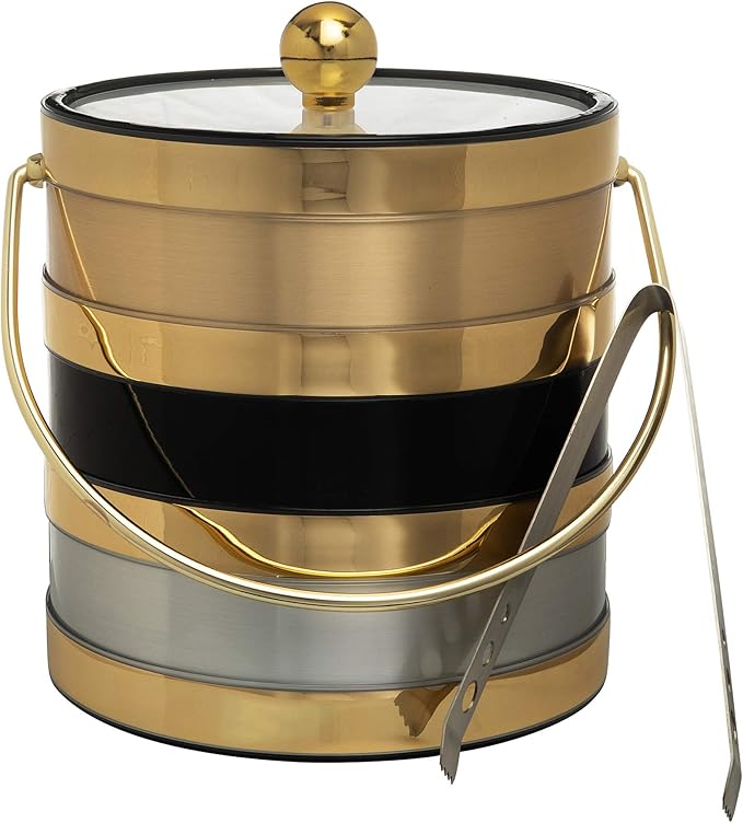 Made In USA Metallic Deco Collection Double Walled Insulated Ice Bucket With Ice Tongs (3-Quart, Gold With Black & Gray Stripes)