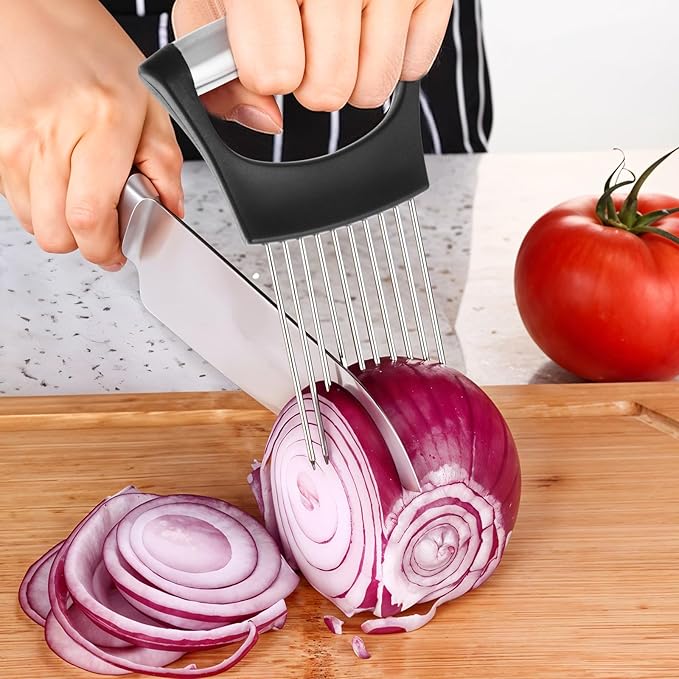 Large Onion Slice Holder Stainless Steel Onion Chopper Vegetable Cutter, Multi-use Kitchen Slicer Tool with 10 Long Needles, Food Slicing Assistant for Meat, Tomato, Potato, Lemon
