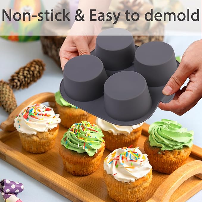 Silicone Muffin Tray for Air Fryer 1Pcs, 4-Cups Nonstick Muffin Pans with Carrying Handle, Silicone Cake Pans for Baking Cupcakes Pudding Dessert Quiches Tart, Grey