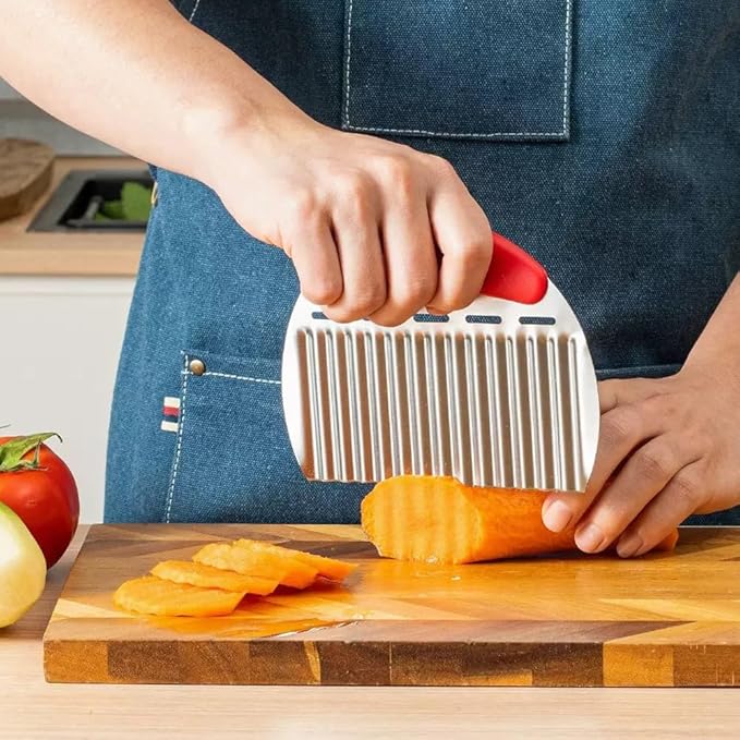 Heavy Duty Stainless Steel Large Crinkle Cutter Wavy Chopper French Fry Slicer for Potatoes Carrot Chips and Fruits, Vegetable, Potatoes, Onions (Red-Style II, 1 PCS)