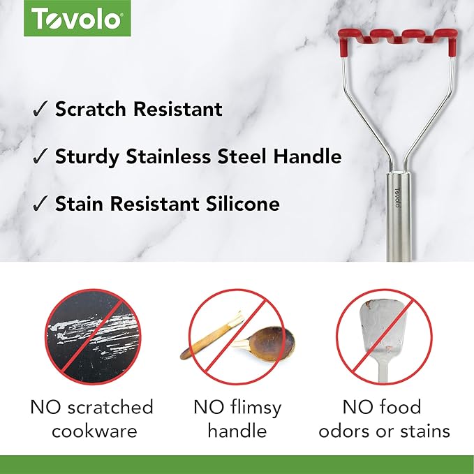 Tovolo Silicone Potato Masher Stainless Steel Handle Cayenne Red Dishwasher Safe Heat Resistant Non Scratch Handheld Coil Wire Potato Smasher for Nonstick Pans Ergonomic Kitchen Food Prep Tool