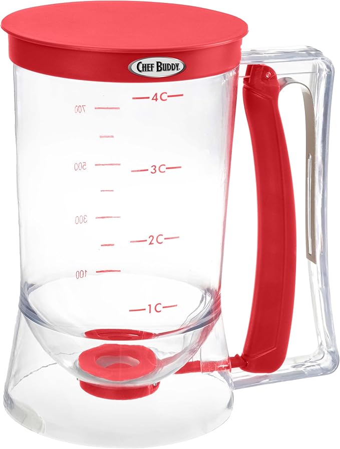 Pancake Batter Dispenser - 4-Cup Batter Dispenser with Squeeze Handle for Pancakes, Waffles, Muffins, and Crepes - Baking Tools (Red)