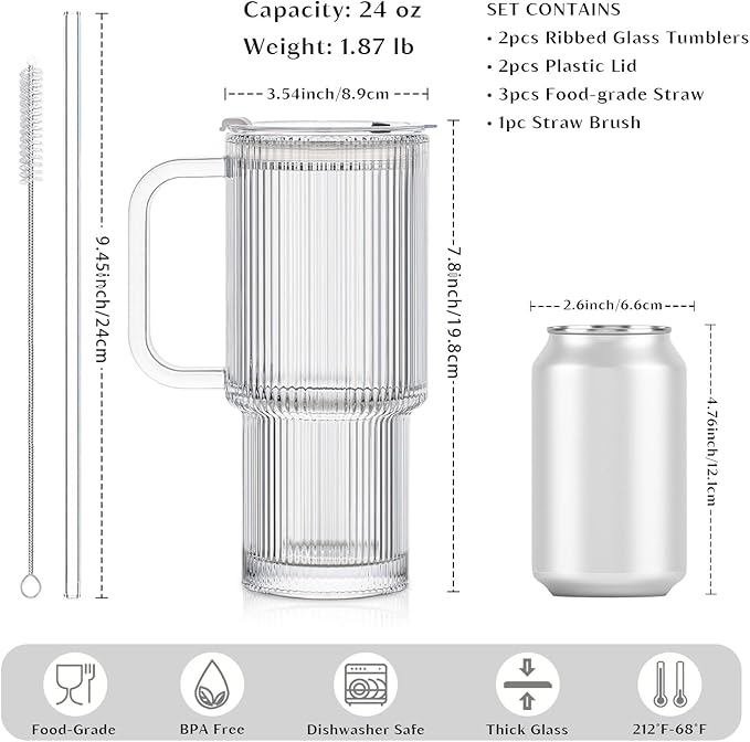INSETLAN 24oz Ribbed Glass Tumbler with Handle & Lid – 2-Pack Large Iced Coffee Cups with Straws, Modern Glass Mug for Cold & Hot Beverages, Aesthetic Travel Cup for Smoothies, Tea, and Juice