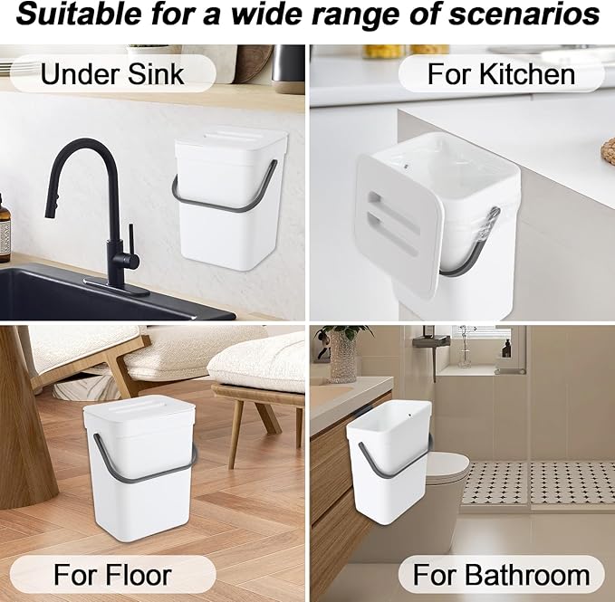 Compost Bin Kitchen, for use on Countertops or Under Sinks, Hanging Trash Can with Lid, for Cupboard/Bathroom/Bedroom/Office/Camping, Mountable Indoor Compost Bucket(White 0.8 Gallon/3L)