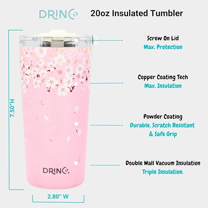 Drinco - 20 oz Stainless Steel Tumbler | Double Walled Vacuum Insulated Mug With Lid, 2 Straws, For Hot & Cold Drinks (20oz Sakura)