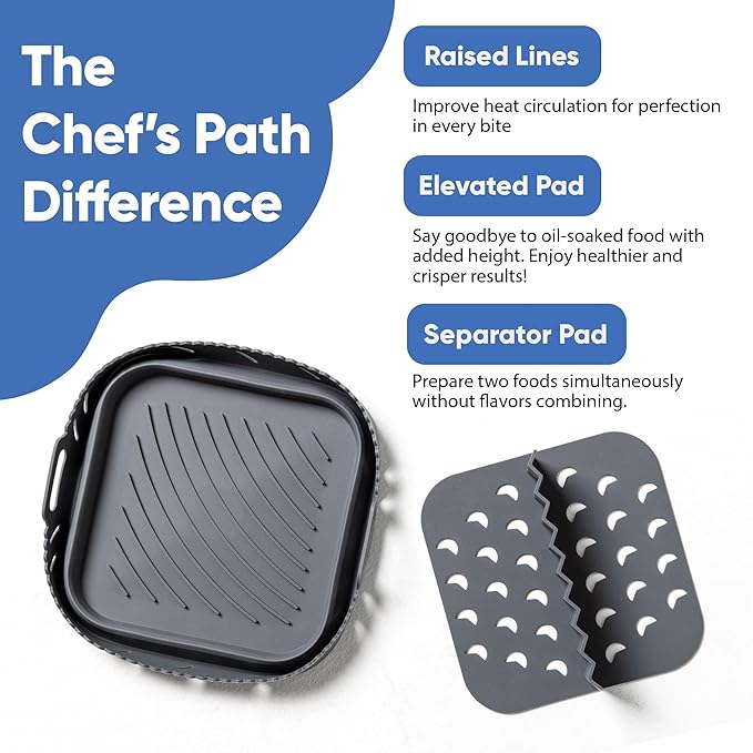 Chef's Path Silicone Air Fryer Liner: 8-inch Liners with Divider for Air Fryers - Reusable Inserts are Foldable, Making The Airfryer Basket Easy to Clean. Safe for Microwave Oven Use.