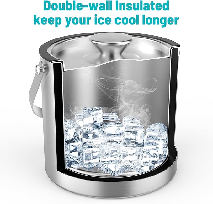 3L Stainless Steel Ice Bucket, Double Wall Insulated Ice Bucket with Lid, Drain Plate, Scoop, Tong for Parties Cocktail Bar