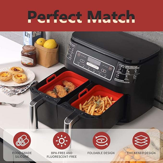 Collapsible 2-Pack Air Fryer Silicone Liners for 8QT & 10QT NINJA Foodi Dual, Reusable Rectangular Silicone Basket Pot for Air Fryer Accessories (Red)